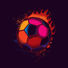 Fototapeta premium Abstract neon vector illustration of a soccer ball against a bright flame of fire. T-shirt or sticker design