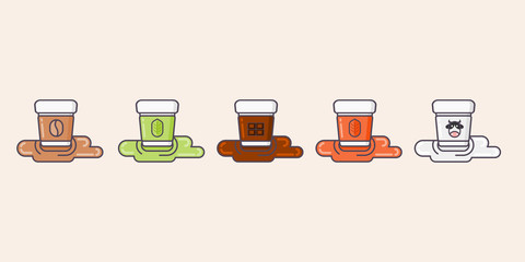 Hot beverage in cup outline design vector illustration, consist of coffee, green tea chocolate, Thai tea and milk.