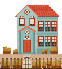 beauty house with autumn plants and fence facade