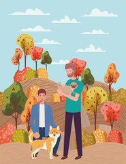 young men with cute dogs mascots in the autumn camp