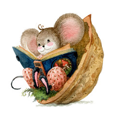 Hygge atmosphere. A little mouse reads fairy tales sitting in a walnut shell. Watercolor illustration