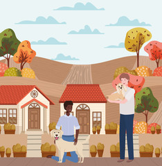 interracial men with cute dogs mascots in the autumn city scene