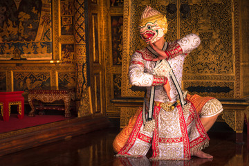 Khon is art culture Thailand Dancing in masked .This seance Hanuman is dancing in literature...