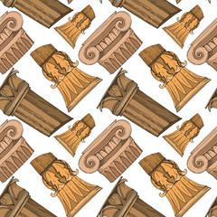 Vector Antique greek columns. Black and white engraved ink art. Seamless background pattern.