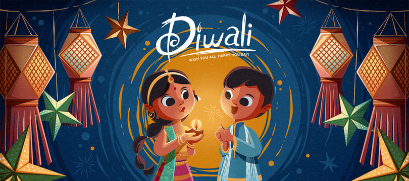 Diwali illustration with kids