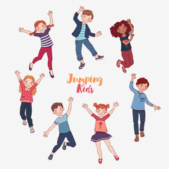 Happy kids jumping over white background. Happiness, childhood, and freedom concept 