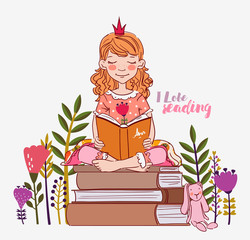 Cute little girl with crown reading a book. Beautiful princess