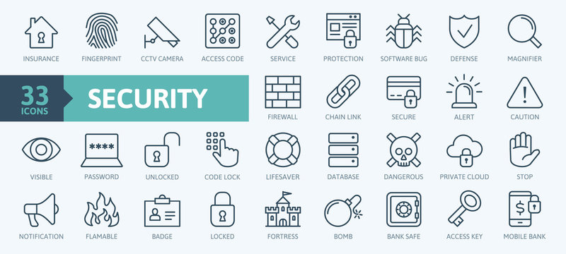 Security - outline web icon set, vector, thin line icons collection