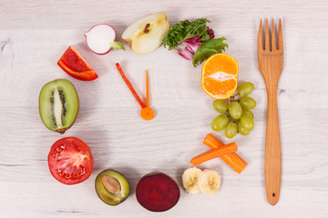 Fork with fruits and vegetables in shape of clock showing time to healthy eating containing vitamins
