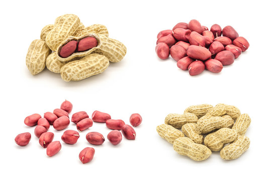 Peanut kernels with shelled peanuts combination isolated on white background
