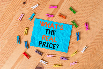 Word writing text What S The Real Price Question. Business photo showcasing Give actual value of...