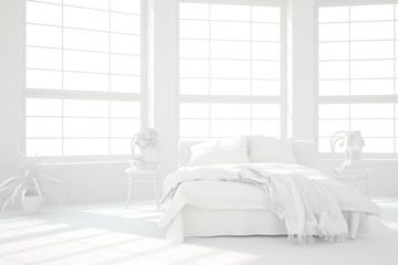 Modern bedroom in white color. Scandinavian interior design. 3D illustration