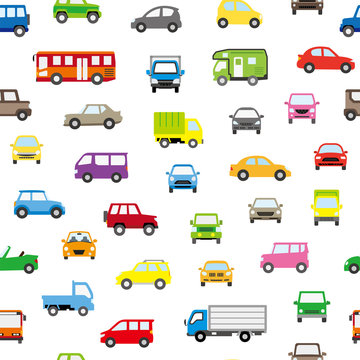 色々な車のアイコンのシームレスパターン背景(ポップカラー)