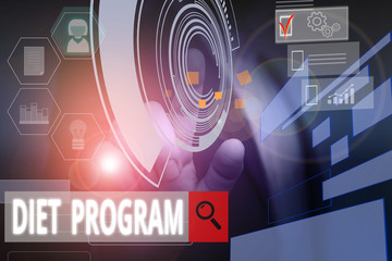 Obraz premium Handwriting text writing Diet Program. Conceptual photo practice of eating food in a regulated and supervised fashion Male human wear formal work suit presenting presentation using smart device