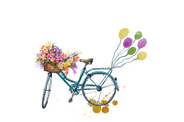 Blue bicycle with flower and balloons on white background, watercolor hand paint illustrator