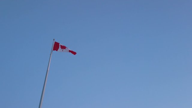Slowmotion view landscape zooming view into the Canada's flag while wind blowing in sunset sky time