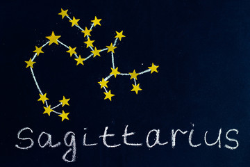 constellation Sagittarius drawn in chalk and gold stars on a chalkboard looking like a night starry sky