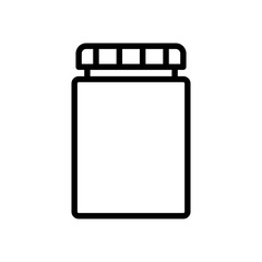 Medicine bottle and pills. Black and white icon vector