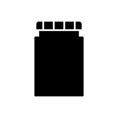 Medicine bottle and pills. Black and white icon vector