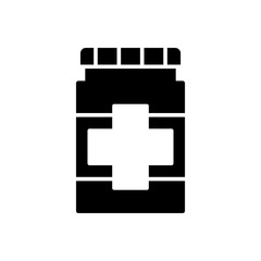 Medicine bottle and pills. Black and white icon vector