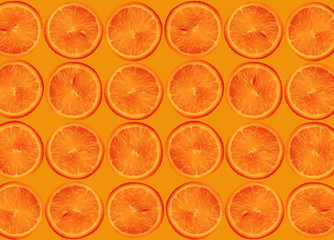 collage of many photos round slice grapefruit, orange with a seed on an orange background, close-up, copy space