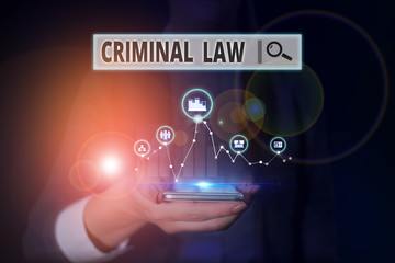 Word writing text Criminal Law. Business photo showcasing legal system which relates to punishing those commits crime Woman wear formal work suit presenting presentation using smart device
