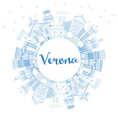 Outline Verona Italy City Skyline with Blue Buildings and Copy Space.