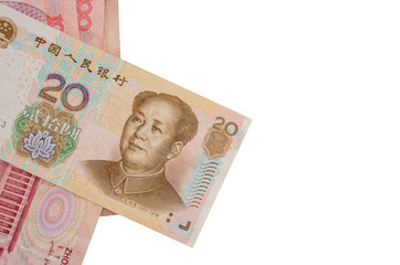 Chinese money on a white background. Place for text. Yuan close up.