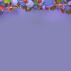 Horizontal border on a square background of pumpkins, twigs, balls and bright autumn foliage. Halloween. 3D illustration