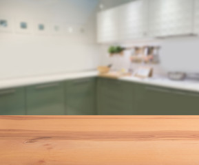 abstract blur inside interior contemporary kitchen loft decoration style with wood plank perspective background for show promote content ,product on disply
