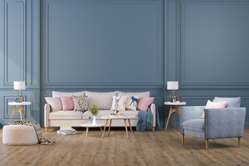 Decorative background for home, office and hotel. Modern interior design living room sofa and modern interior details on a dark wall background.