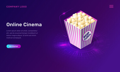 Online cinema or movie, isometric concept vector illustration. 3D popcorn bucket icon isolated on ultraviolet background. Home cinema website landing page