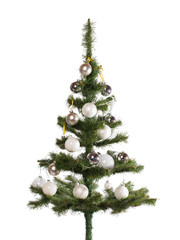 Decorated white silver balls small Christmas tree for new year isolated on white background