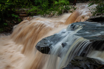 Waterfalls of mountain stream, smooth water over waterfalls.