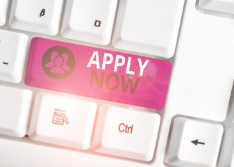 Handwriting text Apply Now. Conceptual photo An act of a demonstrating to acquire the job related...