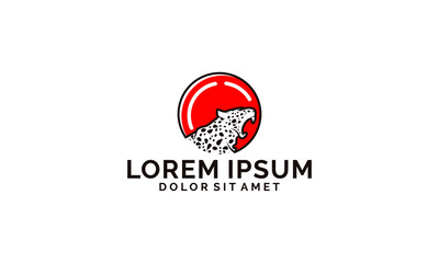Leopard logo template with rounder lens and red circle symbol in flat design pictogram illustration