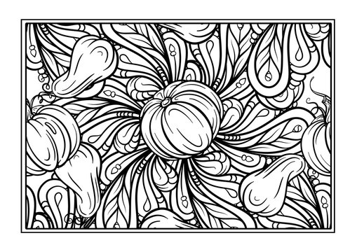 Black and white autumn ornament. Pumpkins and autumn leaves coloring page