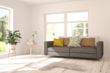 Stylish room in white color with sofa. Scandinavian interior design. 3D illustration