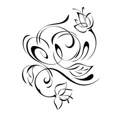 decorative element with stylized flowers, leaves and curls in black lines on a white background