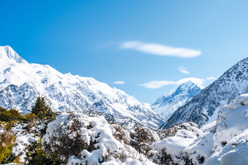 Beautiful view of Mount Cook National Park covered with snow after a snowy day.