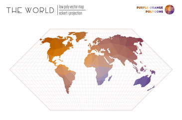 World map in polygonal style. Eckert I projection of the world. Purple Orange colored polygons. Energetic vector illustration.