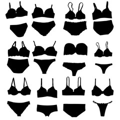  isolated, black silhouette of lingerie, underpants and bra, set