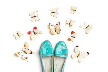 turquoise ballet slippers and white cabbage butterflies on white color background  Top view Flat lay Hello spring - march, april, may and sesonal sale concept © bmarya83