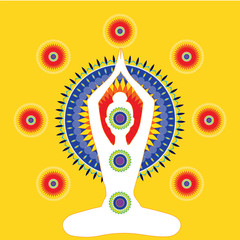 Yoga. Woman sitting in Yoga Pose. Mandala Chakras