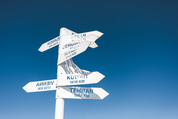 Destination signs to several famous cities, Tahtali, Kemer, Antalya, Turkey