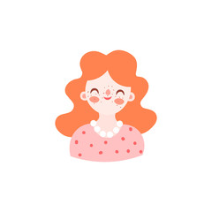 Cute cartoon illustration of pretty beautiful redhead woman. Girl, woman avatar in dress with beads, smiling. vector character illustration isolated on white background