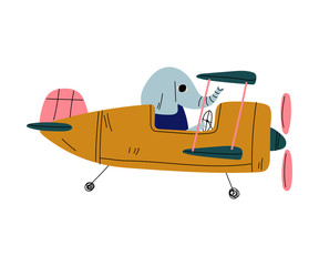 Elephant Pilot Flying on Retro Plane in the Sky, Cute Animal Character Piloting Airplane Vector Illustration