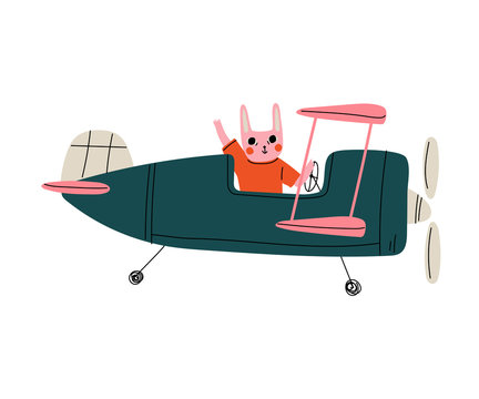 Bunny Pilot Flying on Retro Plane in the Sky, Cute Animal Character Piloting Airplane Vector Illustration