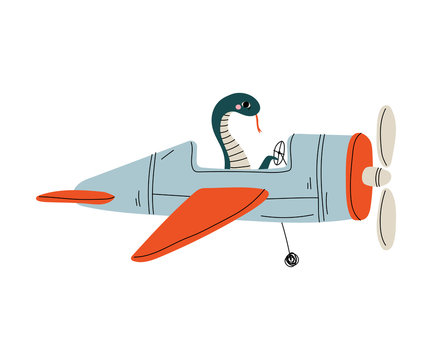 Snake Pilot Flying on Retro Plane in the Sky, Cute Reptile Animal Character Piloting Airplane Vector Illustration