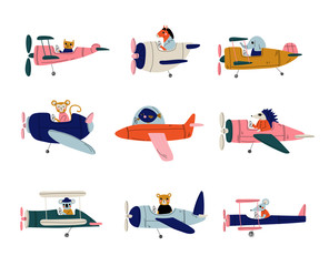 Collection of Cute Animals Pilots Flying on Retro Planes in the Sky, Elephant, Cat, Fish, Horse, Hedgehog, Coala, Mouse, Bear, Humanized Animals Characters Piloting Airplane Vector Illustration © topvectors